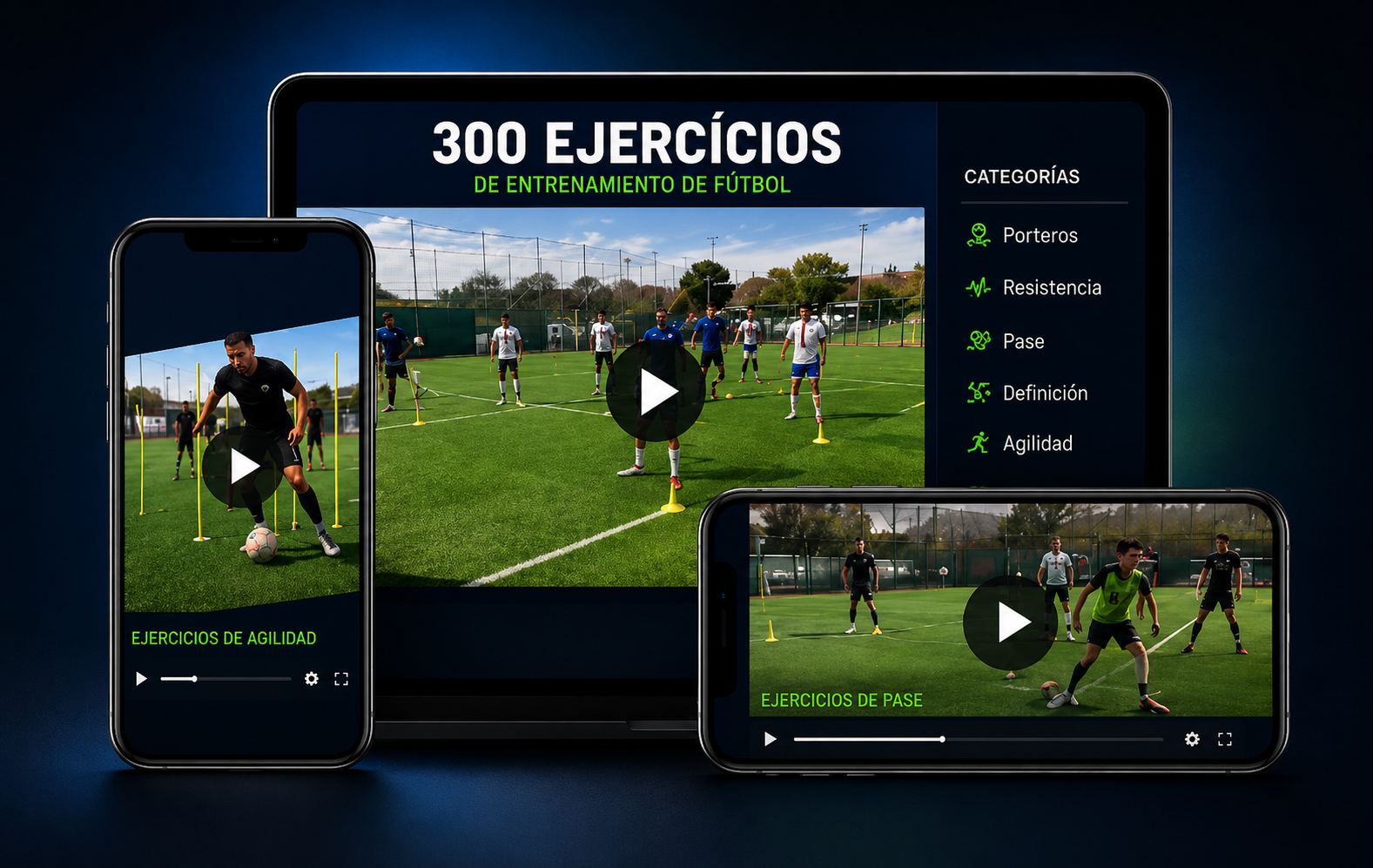 Área de miembros con las 6 categorías de ejercicios en tablet y celular