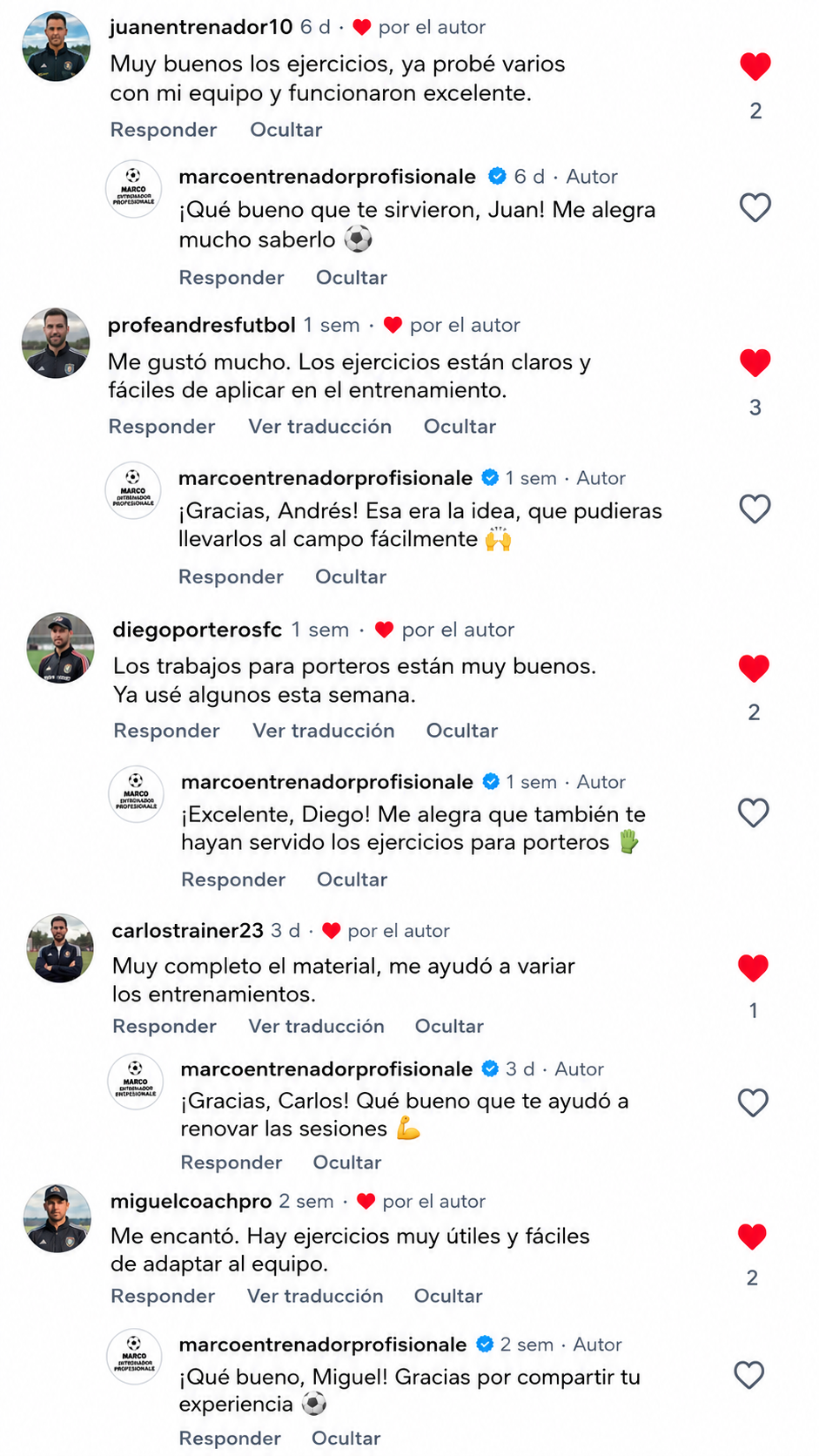 Comentarios de entrenadores sobre los ejercicios