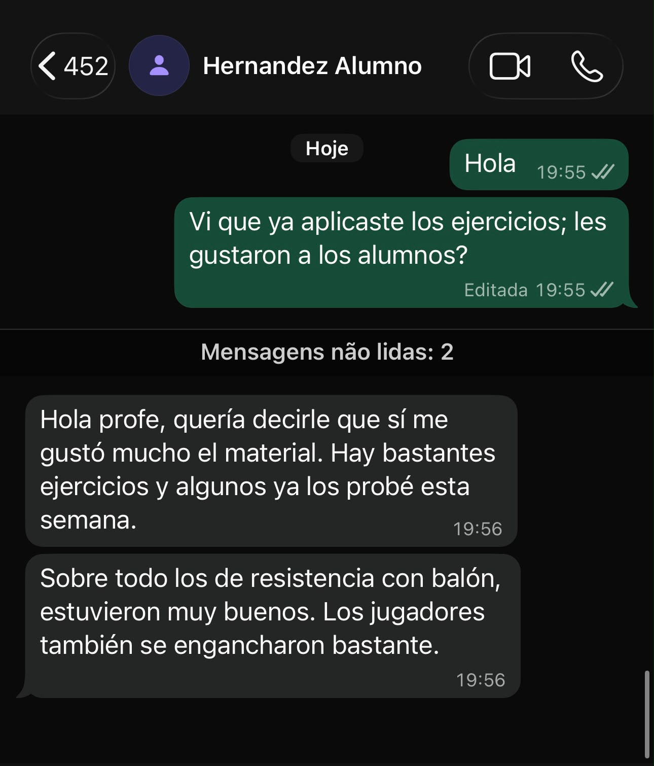 Mensaje de WhatsApp de un entrenador